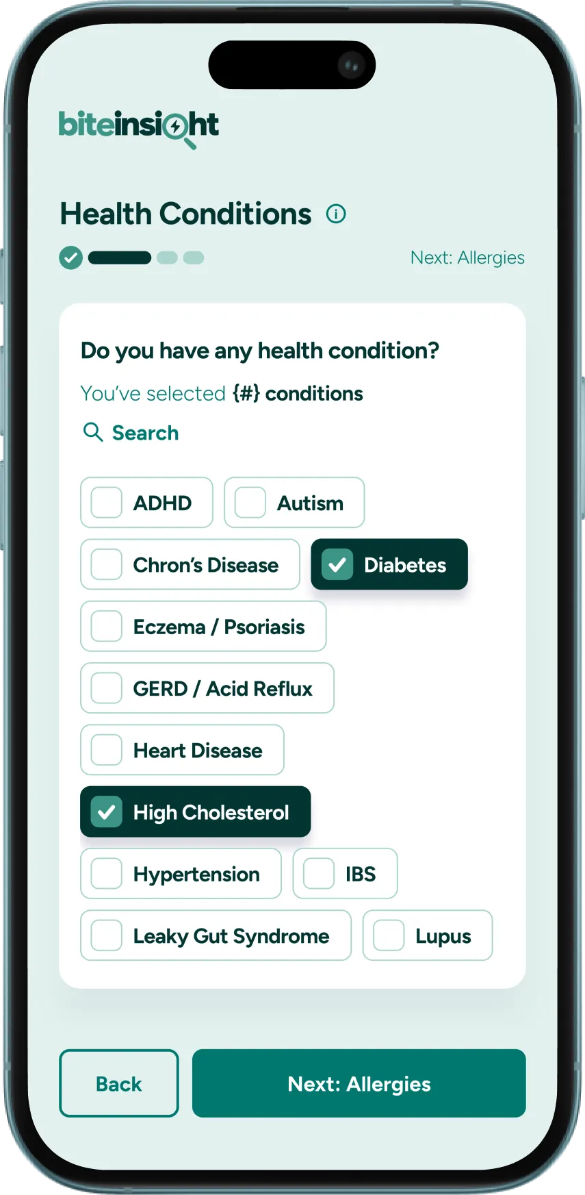 Bite Insight app screenshot showing personalised food insights